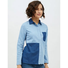 Mayawye Women's Denim Patch Work Long Sleeves Standard Length Shirt (Blue)