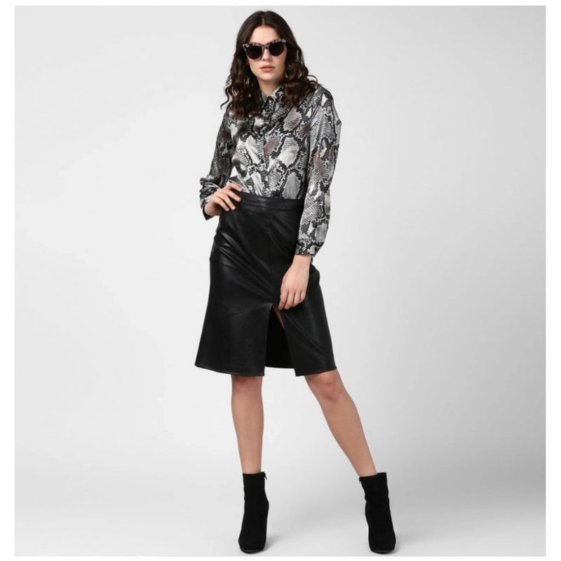 Mayawye Women's Satin Animal Print Long Sleeves Standard Length Shirt (Black - Grey)