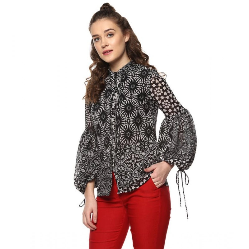 Mayawye Women's Polyester Printed Balloon Sleeve Top (Black - White)