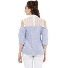 Mayawye Women's Cotton Striped Cold Shoulder Top (Blue)