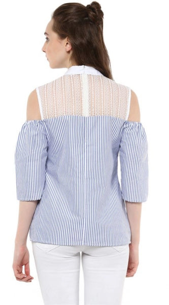 Mayawye Women's Cotton Striped Cold Shoulder Top (Blue)