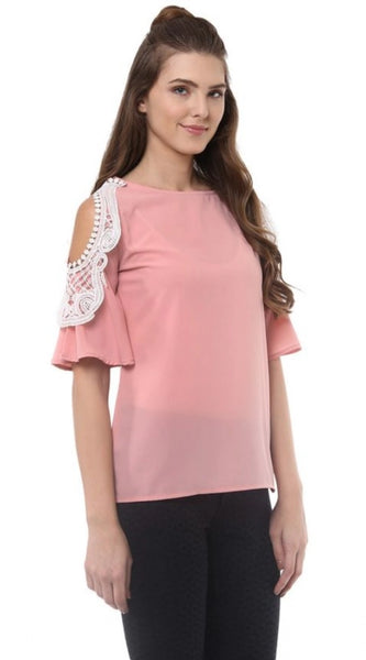 Mayawye Women's Polyester Lace Inserts Half Sleeve Top (Pink)