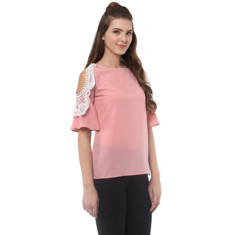 Mayawye Women's Polyester Lace Inserts Half Sleeve Top (Pink)