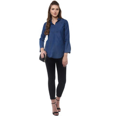 Mayawye Women's Denim Solid Bell Sleeve Regular Top (Blue Denim)