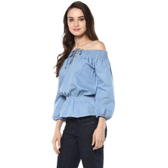 Mayawye Women's Denim Solid 3-4th Sleeves Regular Top (Blue)