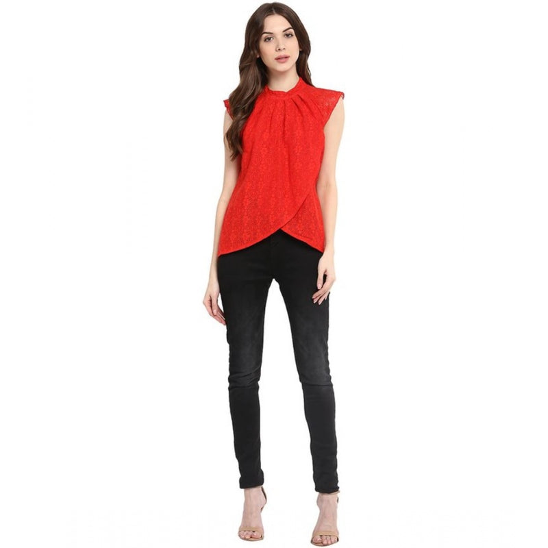 Mayawye Women's Cotton Lace Embellished Cap Sleeve Regular Top (Red)