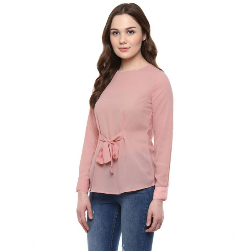 Mayawye Women's Polyester Solid Long Sleeves Regular Top (Pink)