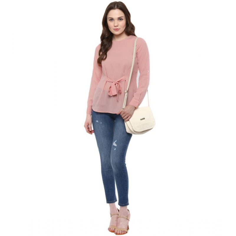 Mayawye Women's Polyester Solid Long Sleeves Regular Top (Pink)