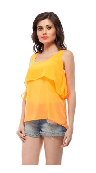 Mayawye Women's Polyester Solid Sleeveless Regular Top (Orange)