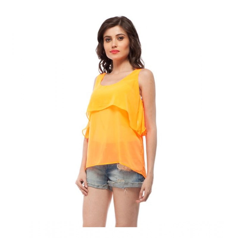Mayawye Women's Polyester Solid Sleeveless Regular Top (Orange)