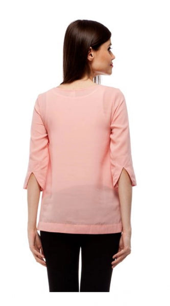 Mayawye Women's Polyester Solid 3-4th Sleeves Regular Top (Peach)