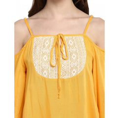 Mayawye Women's Rayon Embellished Cold Shoulder Regular Top (Mustard Yellow)
