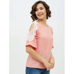 Mayawye Women's Polyester Lace Inserts Cold Shoulder Top (Pink)