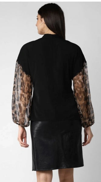 Mayawye Women's Polyester Animal Print Long Sleeves Top (Black)