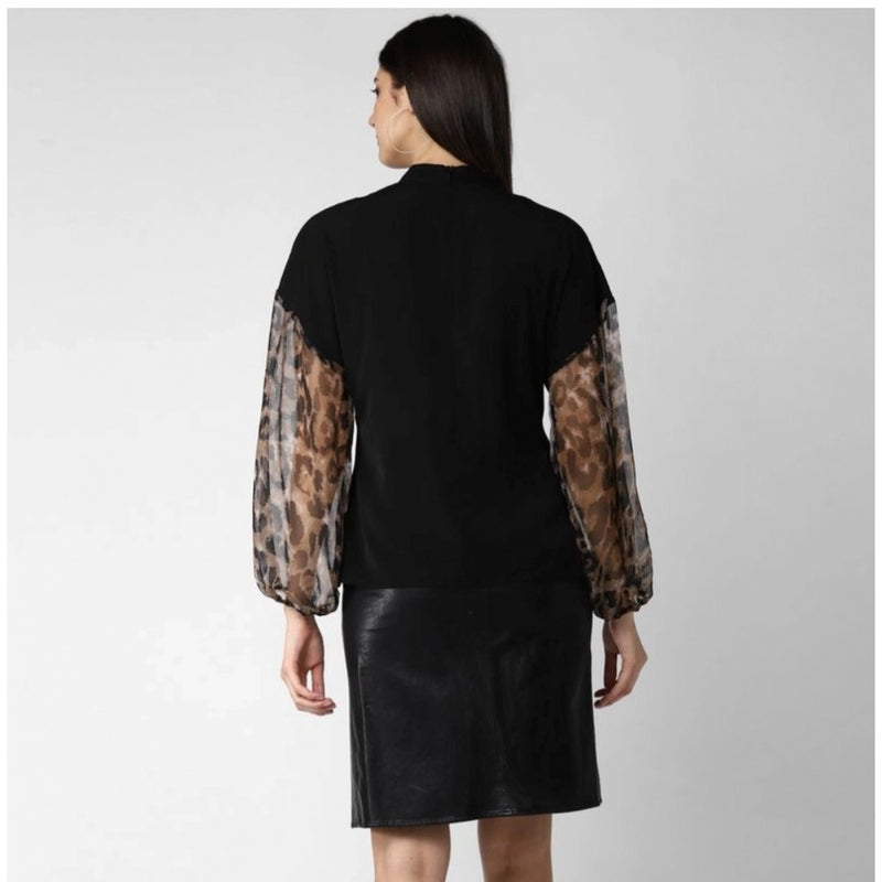 Mayawye Women's Polyester Animal Print Long Sleeves Top (Black)