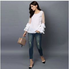 Mayawye Women's Polyester Solid Tier Sleeve Top (White)