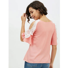 Mayawye Women's Polyester Lace Inserts Cold Shoulder Top (Pink)
