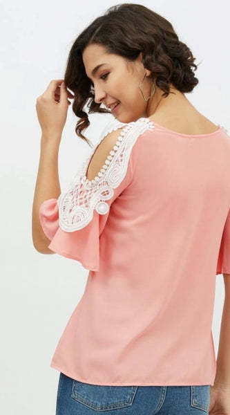 Mayawye Women's Polyester Lace Inserts Cold Shoulder Top (Pink)