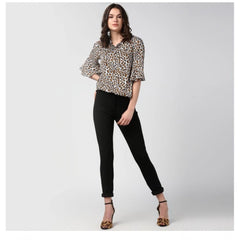 Mayawye Women's Polyester Animal Print Bell Sleeve Top (Orange - Black)