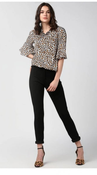 Mayawye Women's Polyester Animal Print Bell Sleeve Top (Orange - Black)