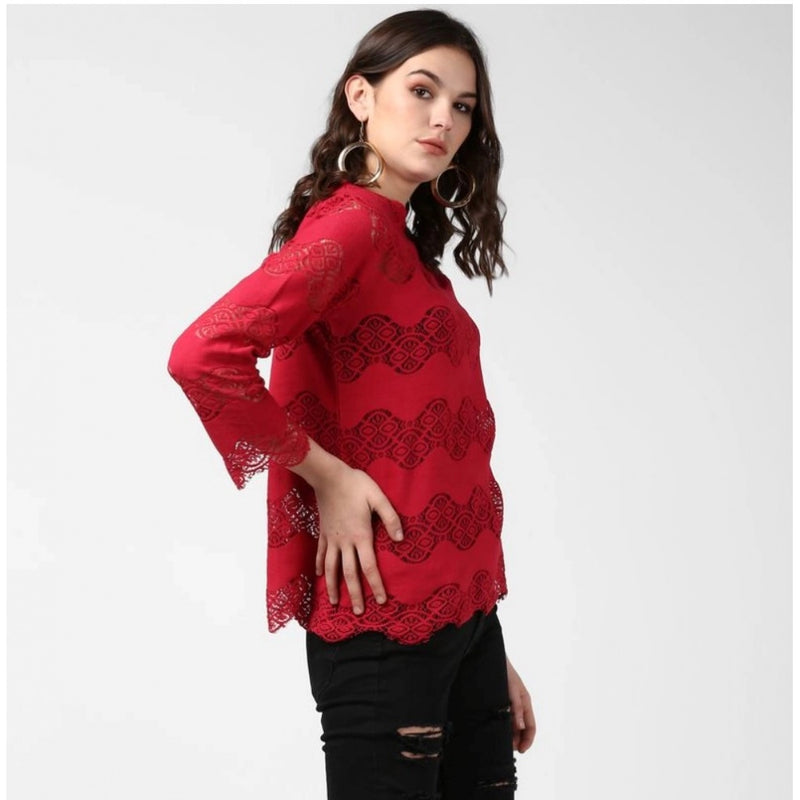 Mayawye Women's Cotton Self Design Long Sleeves Top (Maroon)