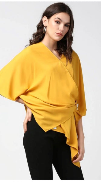 Mayawye Women's Polyester Solid Cape Sleeve Top (Yellow)