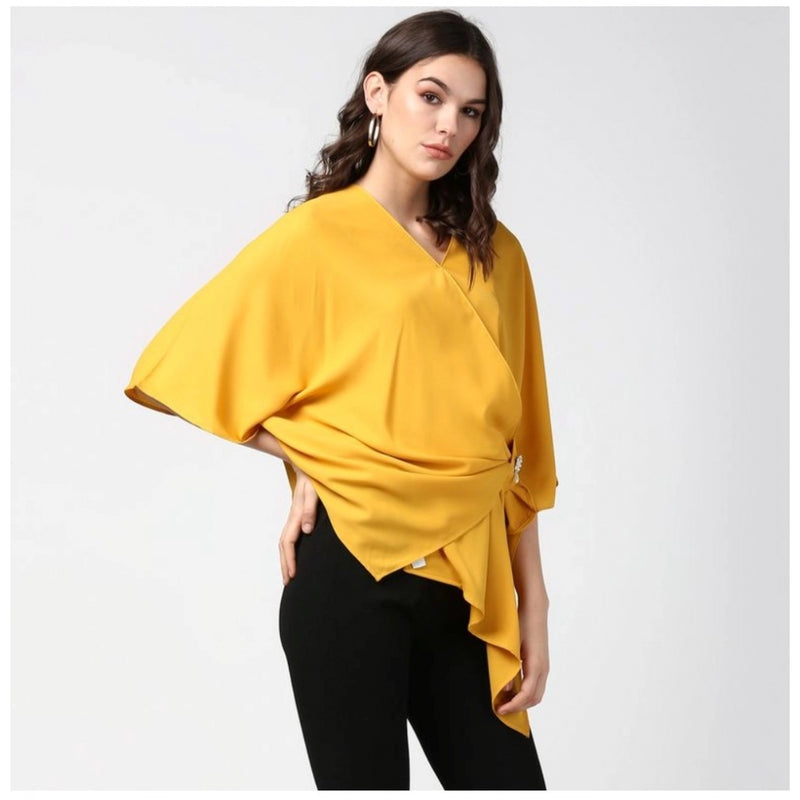 Mayawye Women's Polyester Solid Cape Sleeve Top (Yellow)
