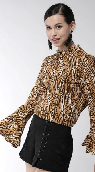 Mayawye Women's Polyester Printed Bell Sleeve Top (Orange - Black)
