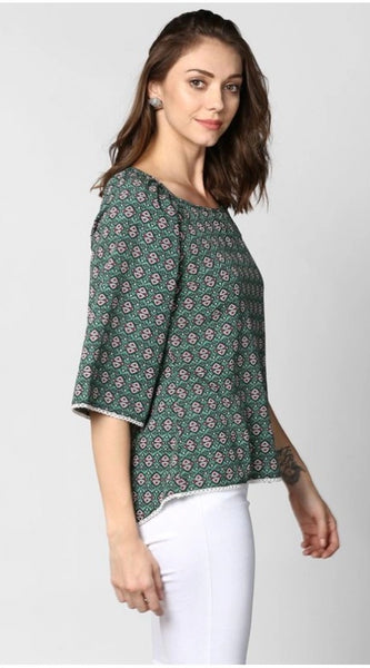 Mayawye Women's Polyester Printed 3-4th Sleeves Top (Green)