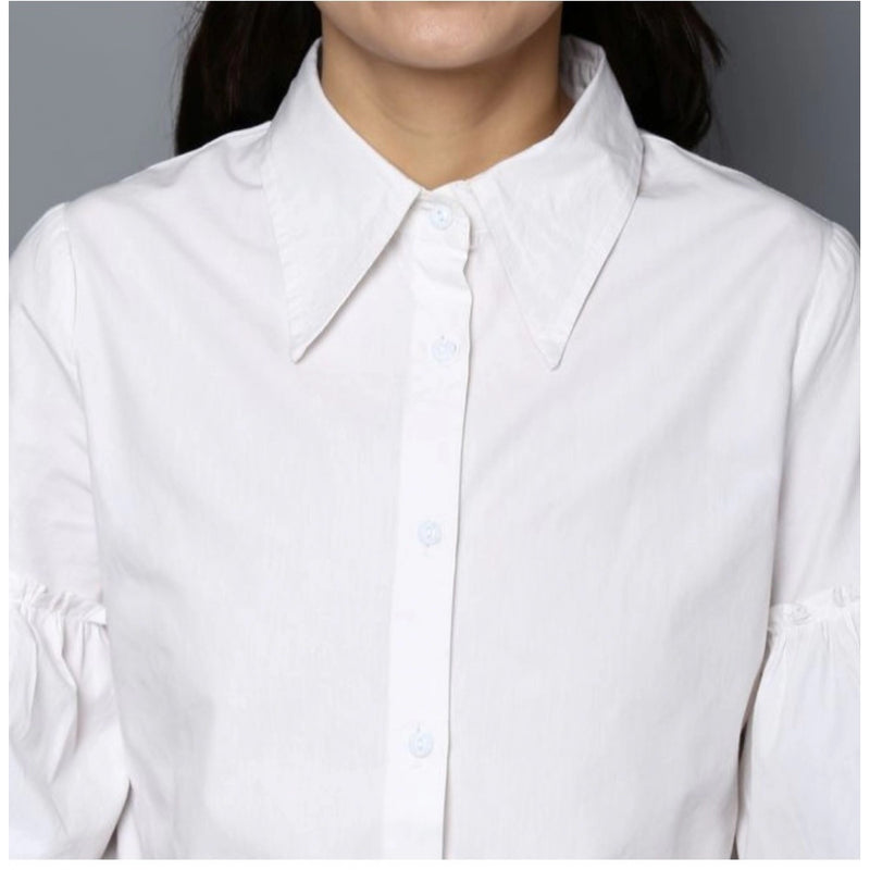 Mayawye Women's Cotton Solid Bell Sleeve Top (White)