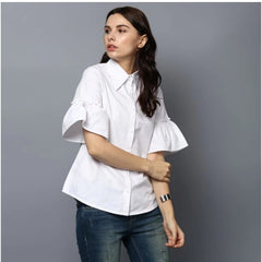 Mayawye Women's Cotton Solid Bell Sleeve Top (White)