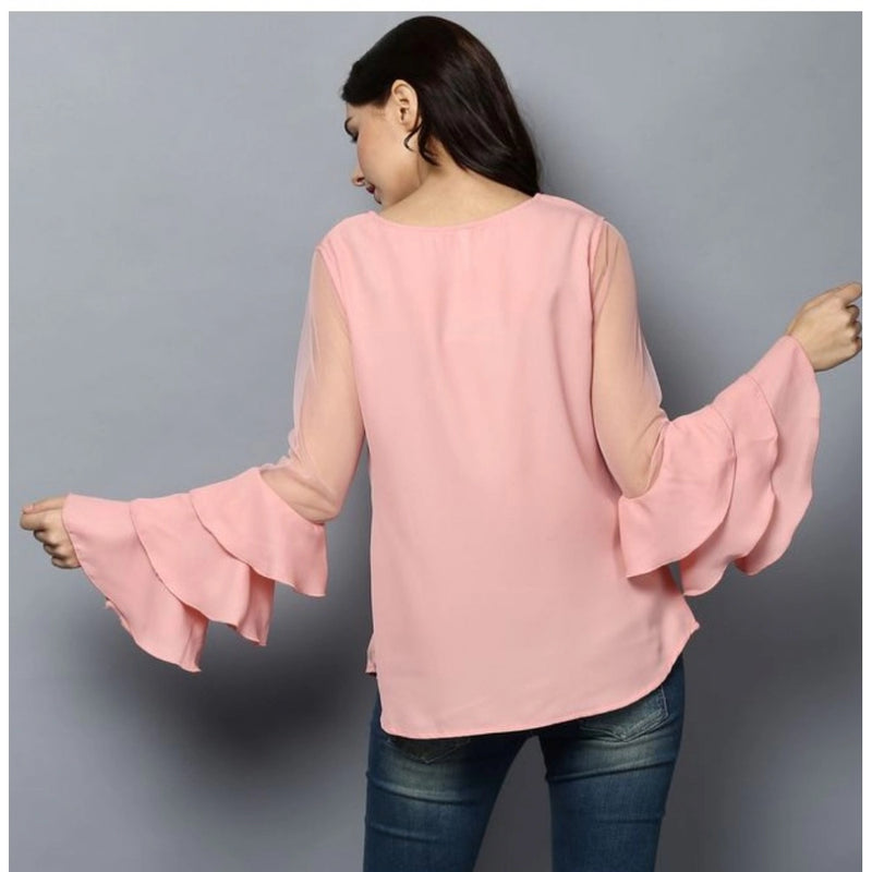 Mayawye Women's Polyester Solid Tier Sleeve Top (Pink)