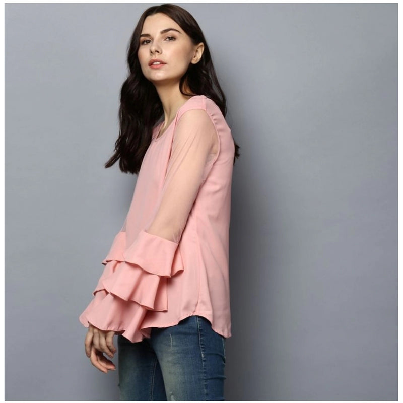 Mayawye Women's Polyester Solid Tier Sleeve Top (Pink)