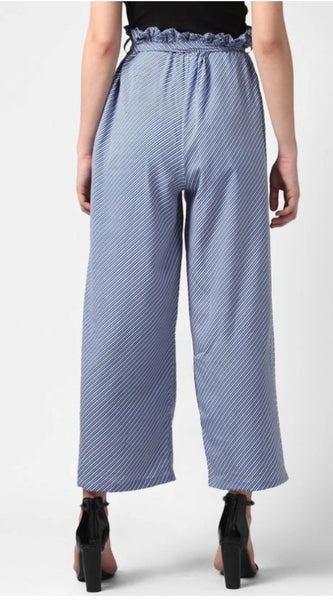 Mayawye Women's Polyester Striped Elasticated Trousers (Blue)