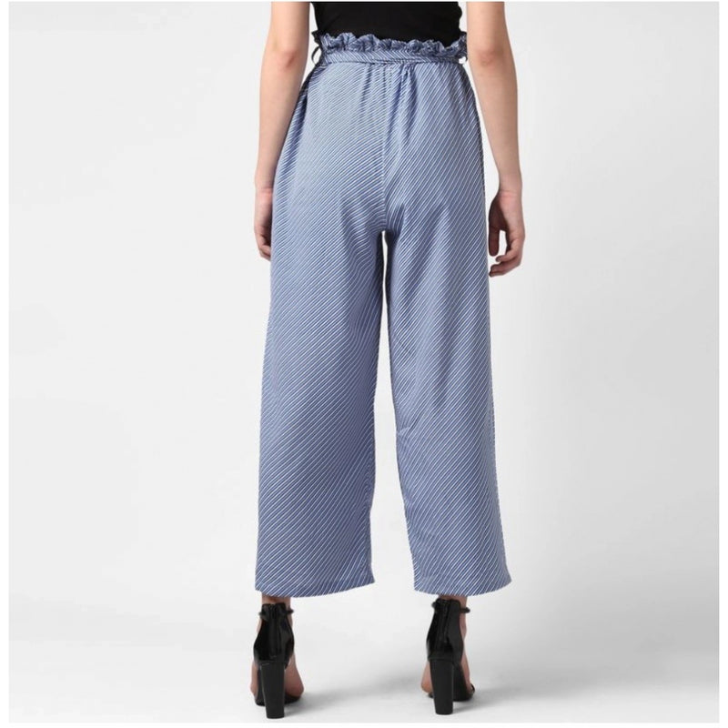 Mayawye Women's Polyester Striped Elasticated Trousers (Blue)