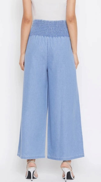 Mayawye Women's Denim Solid Smocked Trousers (Blue)