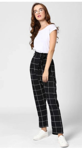 Mayawye Women's Polyester Checkered Elasticated Trousers (Black - White)