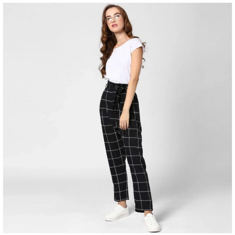 Mayawye Women's Polyester Checkered Elasticated Trousers (Black - White)