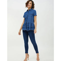 Mayawye Women's Denim Peplum Short Sleeve Top (Blue)