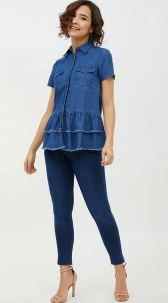 Mayawye Women's Denim Peplum Short Sleeve Top (Blue)