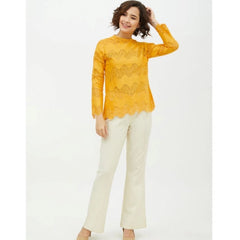 Mayawye Women's Cotton Lace Inserts Long Sleeves Top (Yellow)