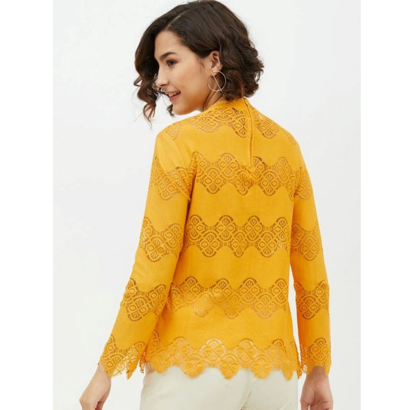 Mayawye Women's Cotton Lace Inserts Long Sleeves Top (Yellow)
