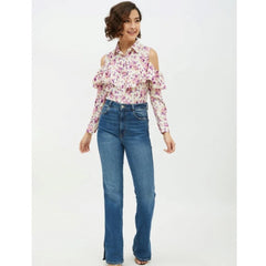 Mayawye Women's Polyester Floral Cold Shoulder Standard Length Shirt (White)