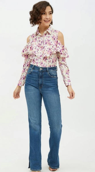 Mayawye Women's Polyester Floral Cold Shoulder Standard Length Shirt (White)