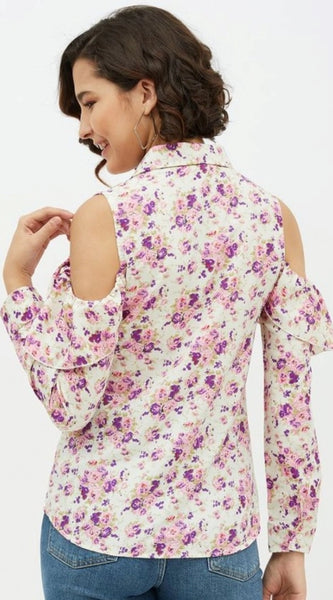 Mayawye Women's Polyester Floral Cold Shoulder Standard Length Shirt (White)