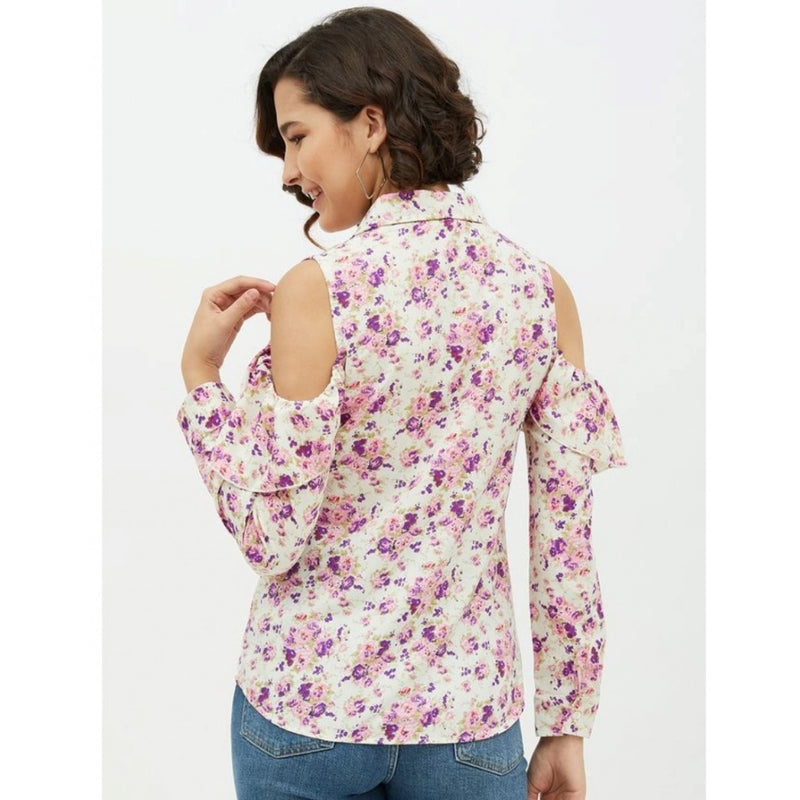 Mayawye Women's Polyester Floral Cold Shoulder Standard Length Shirt (White)