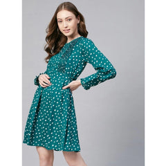 Mayawye Women's Polyester Polka Long Sleeves Above Knee Dress (Green - White)