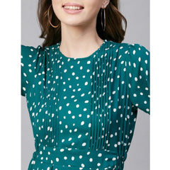 Mayawye Women's Polyester Polka Long Sleeves Above Knee Dress (Green - White)