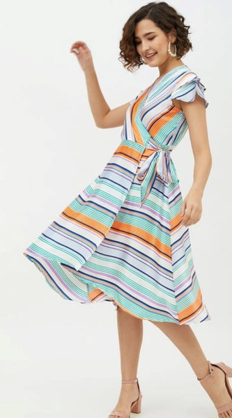 Mayawye Women's Satin Striped Short Sleeve Knee-Length Dress (Multicolor)