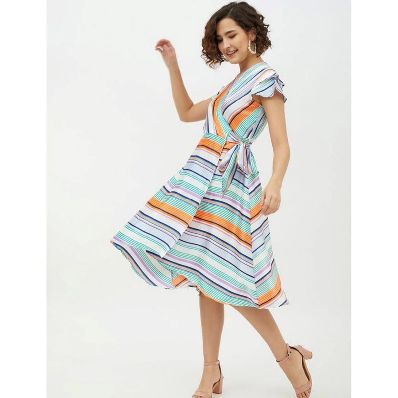 Mayawye Women's Satin Striped Short Sleeve Knee-Length Dress (Multicolor)